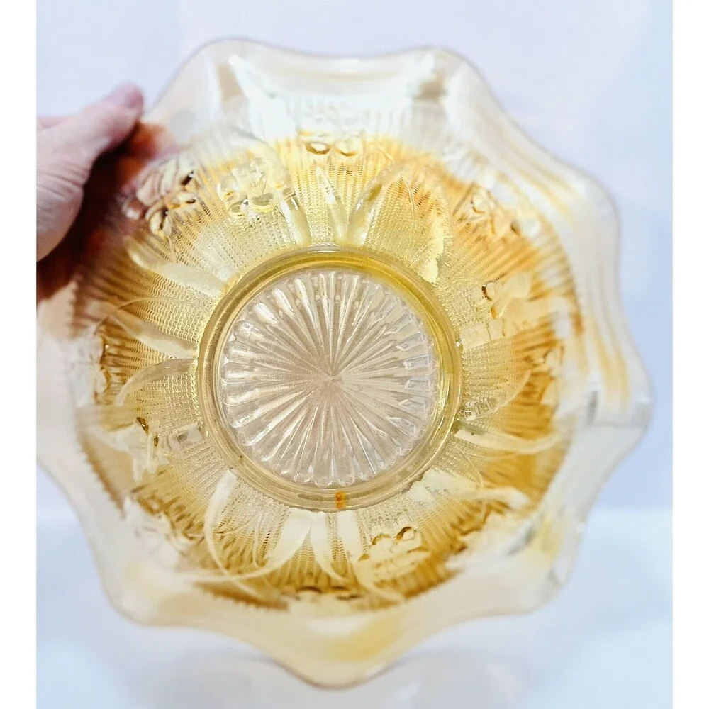Jeannette Iris Herringbone Marigold Carnival Glass 11” Ruffled Fruit Bowl